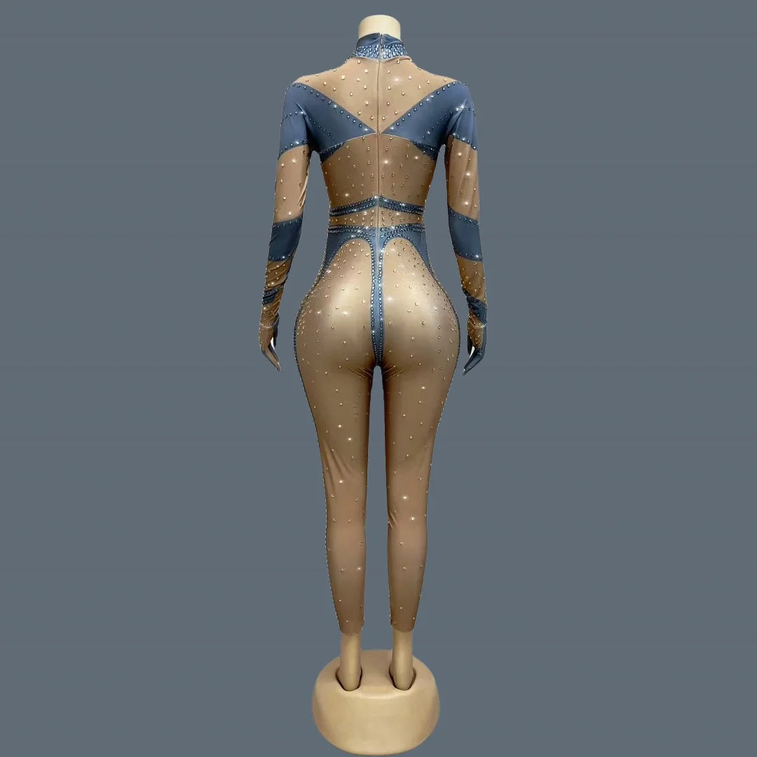 Sparkly Rhinestones Jumpsuit Gloves for Women Sexy Stretchy Performance Dance Costume Nightclub Jumpsuit Show Stage Wear Dudou