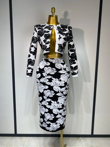 2025 Women Long Sleeve Jacquard Weave Two Pieces Set Celebrity Red Carpet Dress Birthday Bodycon Bandage Women's Set