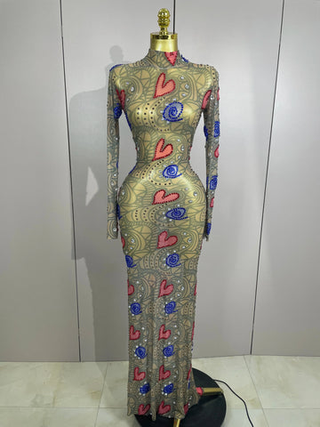 New Sparkly Diamond High Neck Sexy Mesh Wrap Hip Long Dress Host Annual Meeting Party Nightclub Bar Performance Costume