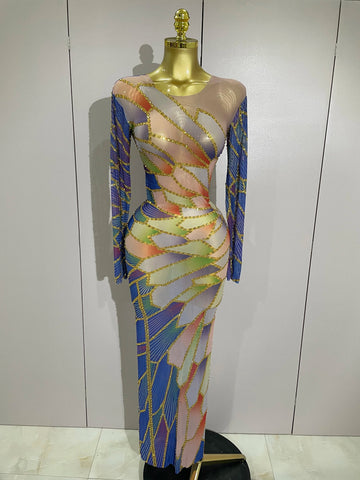 New Luxury Sparkly Rhinestone Stretchy Mesh See Through Long Dress Women Birthday Party Performance Nightclub Stage Costume