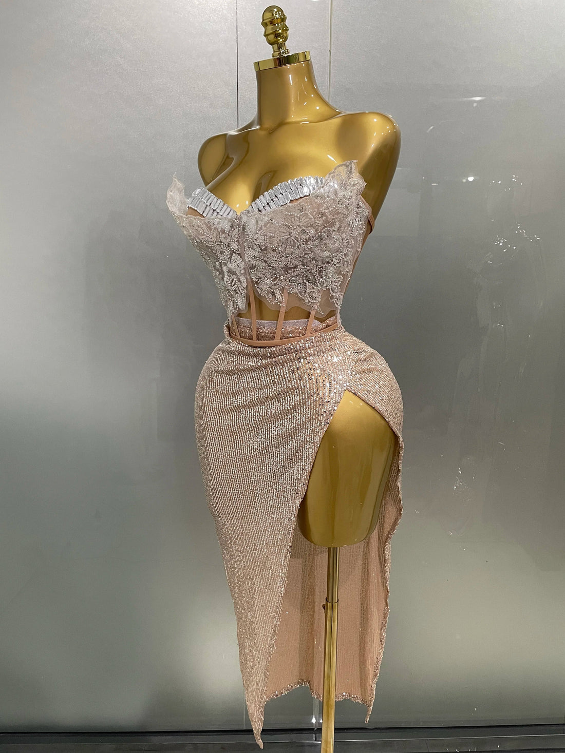 New Women Sparkle Rhinestone Sequins Two Pieces Evening Party Dress Celebrate Festival Dancer Bar Nightclub Ds Dj Stage Wear