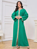 Fashion Muslim Abaya Woman Dubai Solid Split Hem Full Sleeve Notched V-Neck Belted Clothing Elegant Moroccan Dresses Green Dress