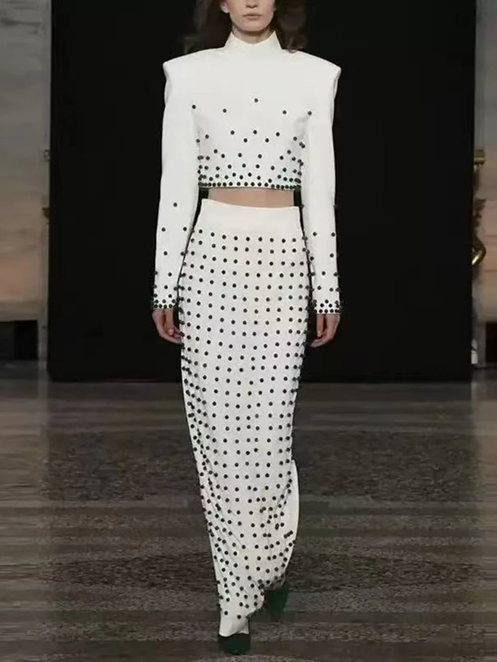 Women'S Black And White Beaded Short Top+Long Skirt Bandage Two-Piece Set Elegant Evening Party Female Outfit 2025 New