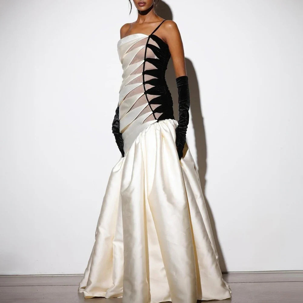 Hit Color Sheer Spliced Ruffles Elegant Dresses for Women Strapless Sleeveless Patchwork Folds Dress Female Fashion