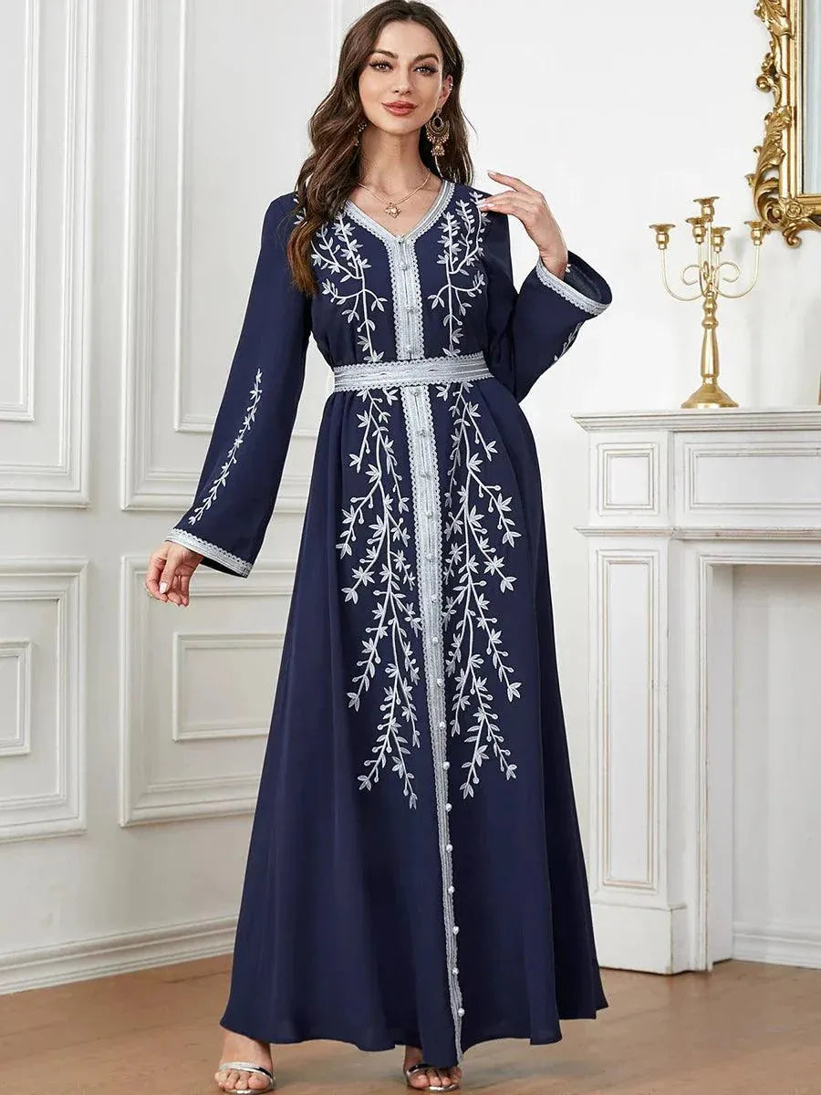 Muslim Dress Modest Fashion Emberoidery Solid Long Sleeve V-Neck Belted Clothing Casual Abayah For Women Dubai Blue Dress