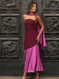 2025 Chic Purple Shawl Collar Off Shoulder Maxi Dress Fashion Contrast Spliced Pleated Hem Backless Robe Lady New Party Dresses