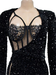 Kricesseen Chic Corset Glam High Slits paljetter Klänning Set Glitter Rhinestone Underwire Lace Bodysuit +paljetter Långa klädklänningar