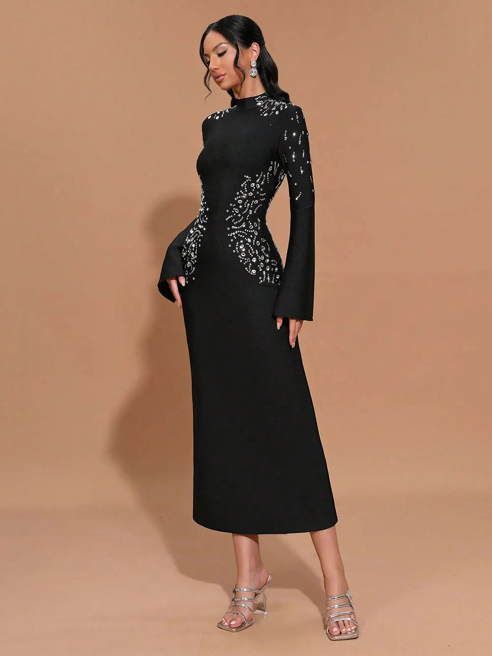 2025 Elegant Women's Light Luxury Hot Diamond Bandage Dress with Stand up Collar and Trumpet Sleeve Bodycon Long Dress Vestidos