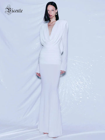 VC White Swinging Collar Long Dress For Women Ruched High Waist Long Sleeves Slim Elegant Evening Party Gowns