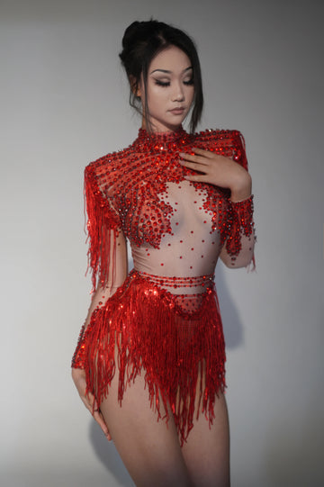 2025 Sparkly Rhinestone Sequin Tassel Stretch Bodysuits Women Birthday Party Nightclub Dj Stage Performance Costume