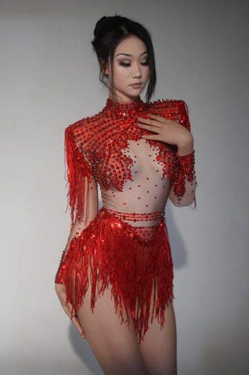 Sparkly Rhinestone Sequin Tassel Stretch Bodysuits Women Birthday Party Nightclub Dj Stage Performance Costume