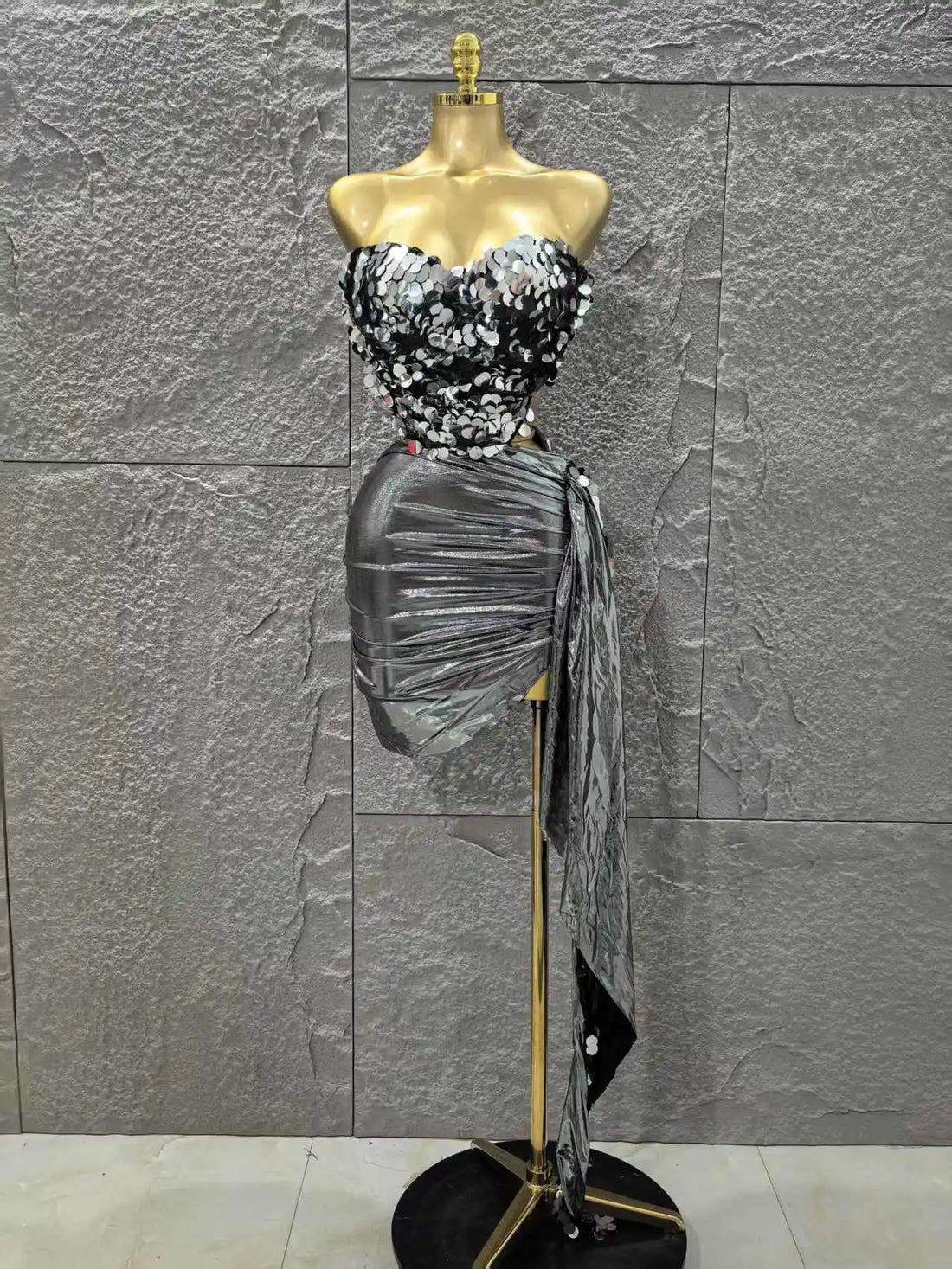 STOCK Women Sexy Shinning Sequins Strapless 2 Pieces Bodycon Mini Dress Nightclub Party Performance Costume Birthday Outfit