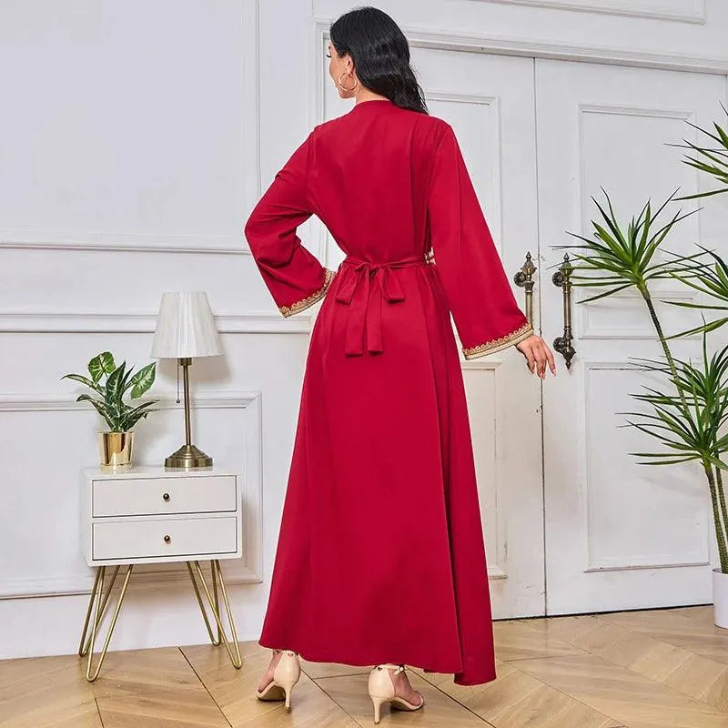 Long Dress For Prom V-neck Women Abaya Muslim Robe Gold Beaded Lace Simple Fashion Dress with Belt Casual Dubai Arab Kaftan