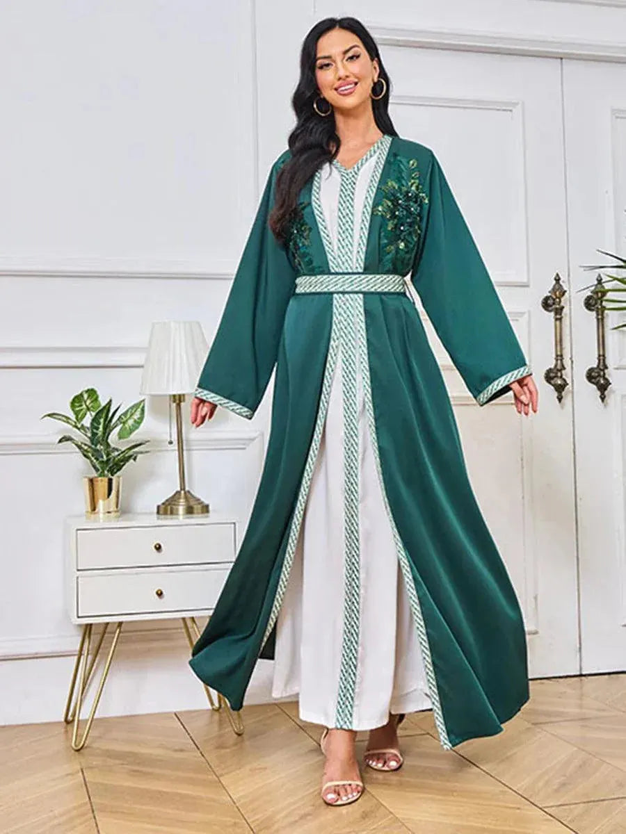 Fashion Moroccan Kaftan For Women 2 Piece Set Sashes Guipure Lace Insert Full Sleeve Elegant Chic Female Long Dresses Blue Dress