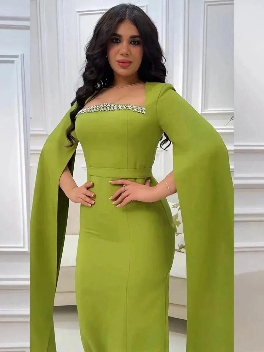 Dubai Turkish Solid Luxury Diamonds Women Gown Arab African Abayas Super Long Sleeve Evening Party Dress Saudi Clothing Blue Dress