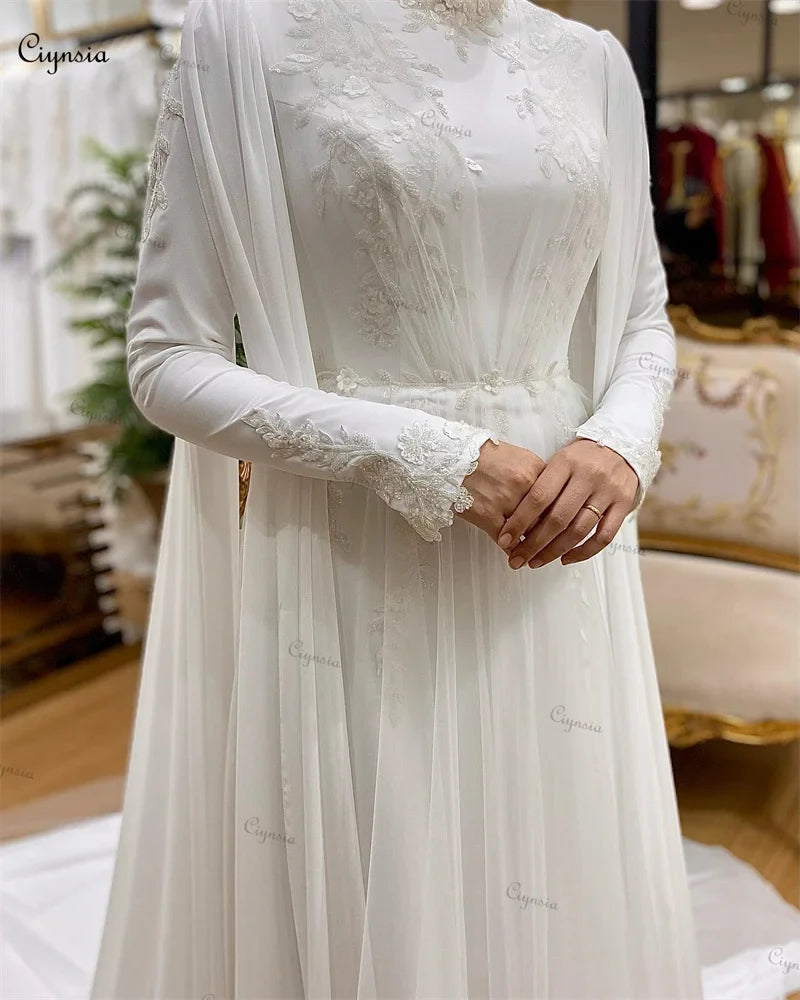 Elegantes vestidos de novia para mujer, de gasa, con cuello alto, abaya, mangas largas, hijab, vestido de novia islámico con capa