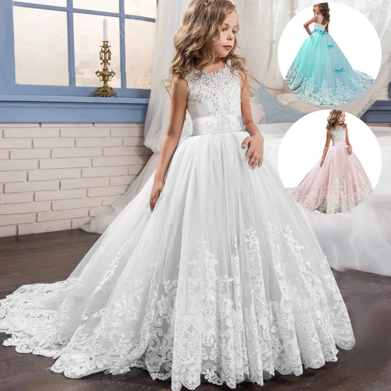 Girls Lace Dress Long Bridesmaid Prom Kids Dresses For Girls Children Princess Dress Party Wedding Dress 5 10 14 Years Vestido