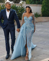 Luxurious Sexy Evening Dresses Full Sleeve Side Train Mermaid Prom Dress Sky Blue High Neck Formal Party Gowns