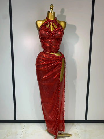 Sexy Backless Shiny Diamond Two Piece Set  Women Elegant Evening Party Luxury Birthday Nightclub Singer Stage costume