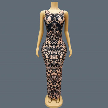 Women's Black Pattern Rhinestone Sparkly Ball Dress Birthday Luxury Dinners Sexy Maxi Dress Celebrate Party Evening Gown Heijiao