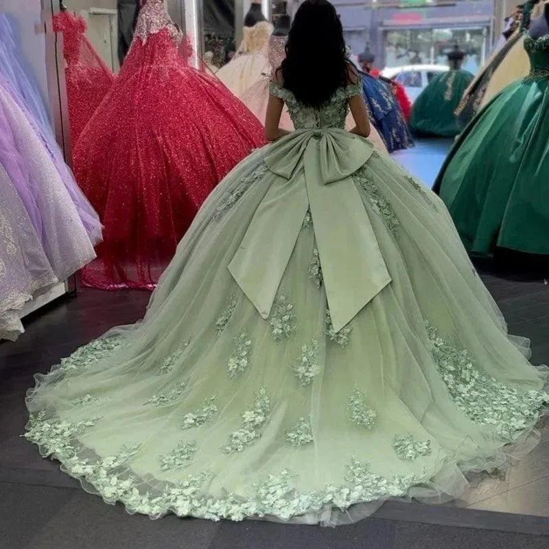 Quince Dress | 3D Flowers Sage Green Quinceanera Dress with Bow Formal Birthday Party Prom for 16 Years Vestido De 15 Años Corset picture green