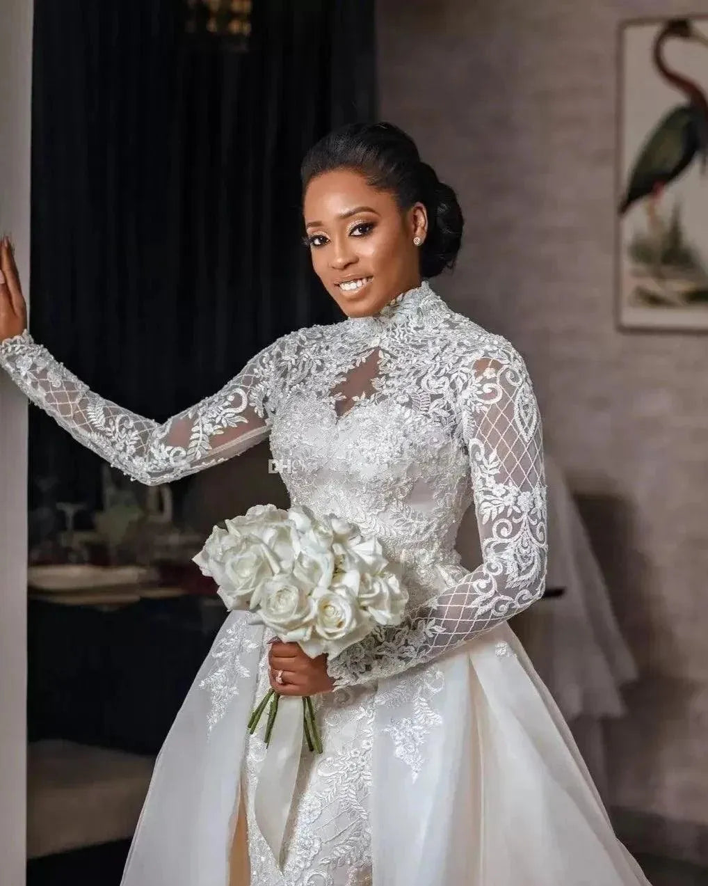 Graceful Lace Mermaid Wedding Dresses High Neck Plus Size Bridal Gowns Detachable Train Long Sleeve Arabic Vestido De Novia White