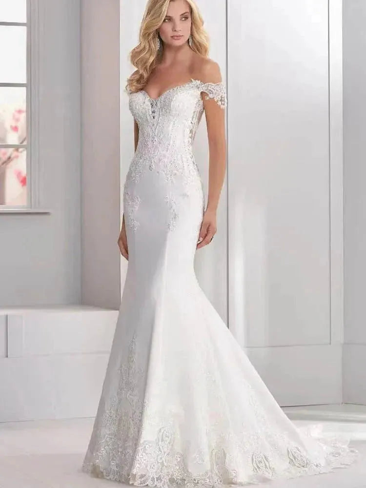 PERFECT Elegant Mermaid Wedding Dresses Lace Appliques Off The Shoulder Bridal Gowns Sweetheart Sweep Train Vestidos De Novia White Mermaid