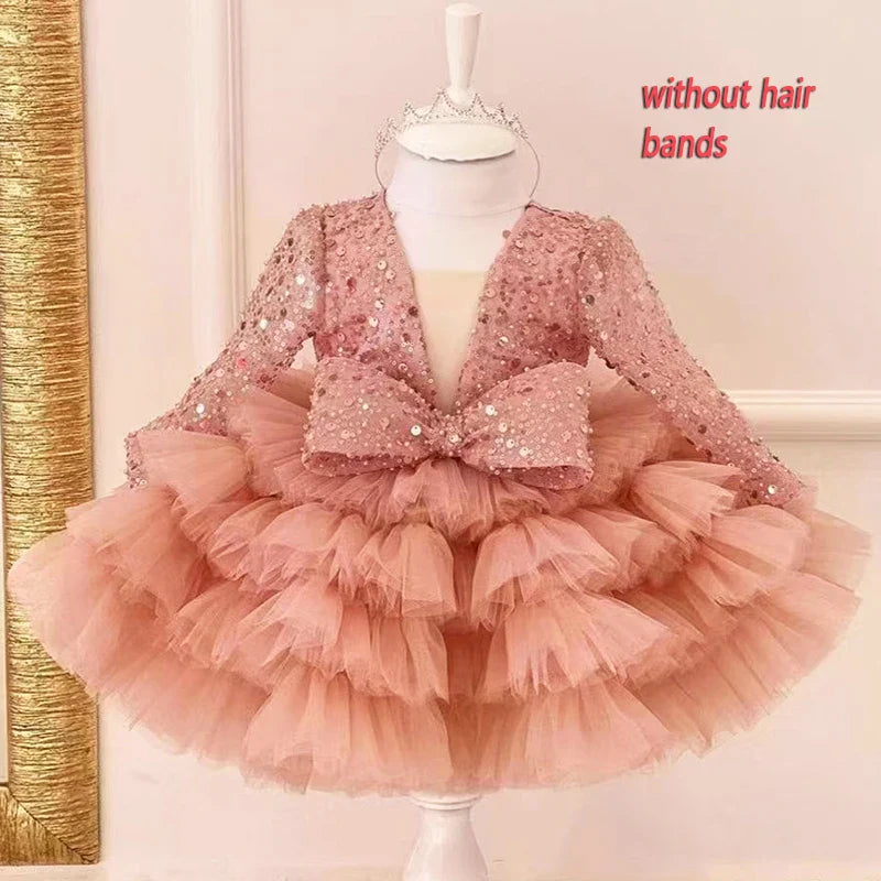 New Long Sleeve Sequins Bow Girls' Poncho Dress Wedding Flower Girl Sisters Wedding Dress Fashionable Versatile Evening Dress