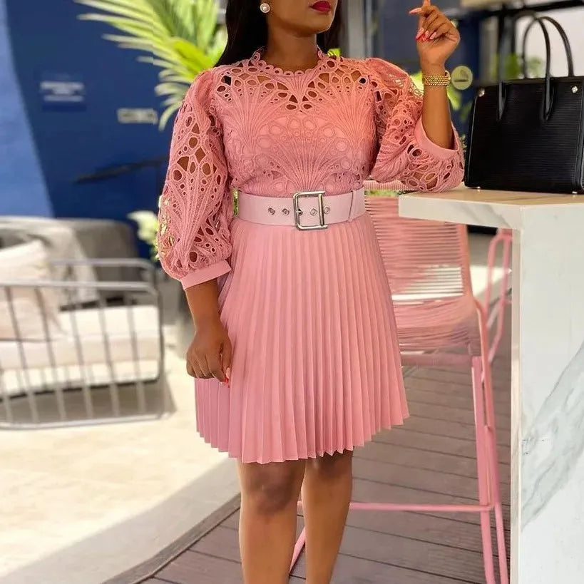 African Dresses For Women Summer Autumn Africa Clothing Wrist Sleeve Lace Sexy O-Neck Perspective Slim Dress Office Lady Party