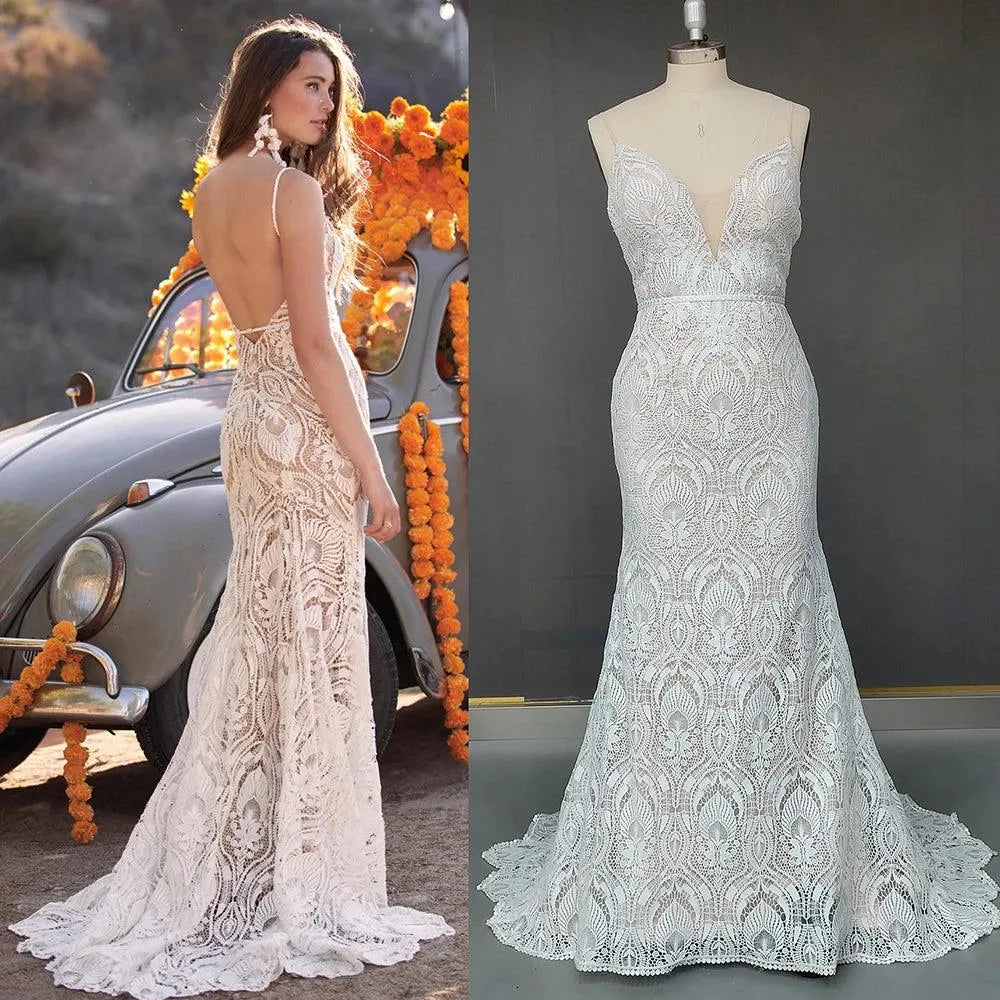 Spaghetti Strap Lace Mermaid Wedding Dress Boho Beach Rustic Open Back Backless Cut Out Country Sweep Train Bridal Gowns Champagne Lining
