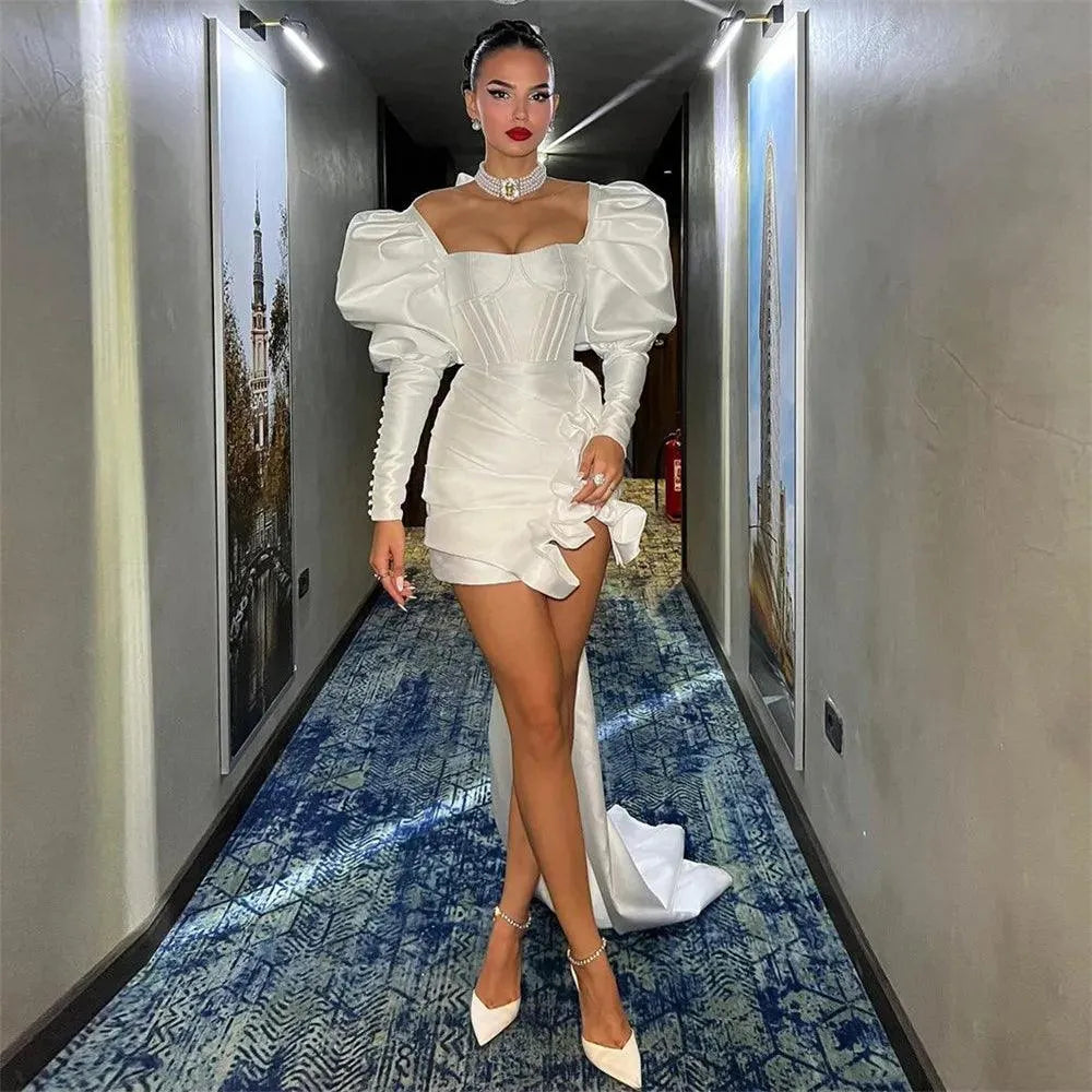 Satin Sheath Wedding Dresses For Women Mermaid Long Lantern Sleeves Pleated Above Knee vestidos novias Ivory Satin