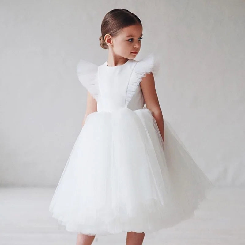 Brautjungfernkleider elegante Mädchen Blume weiße Kleid Kinder Geburtstagsfeier Prom Kleid Prinzessin Tulle Tutu Luxus formelles Gala Kostüm