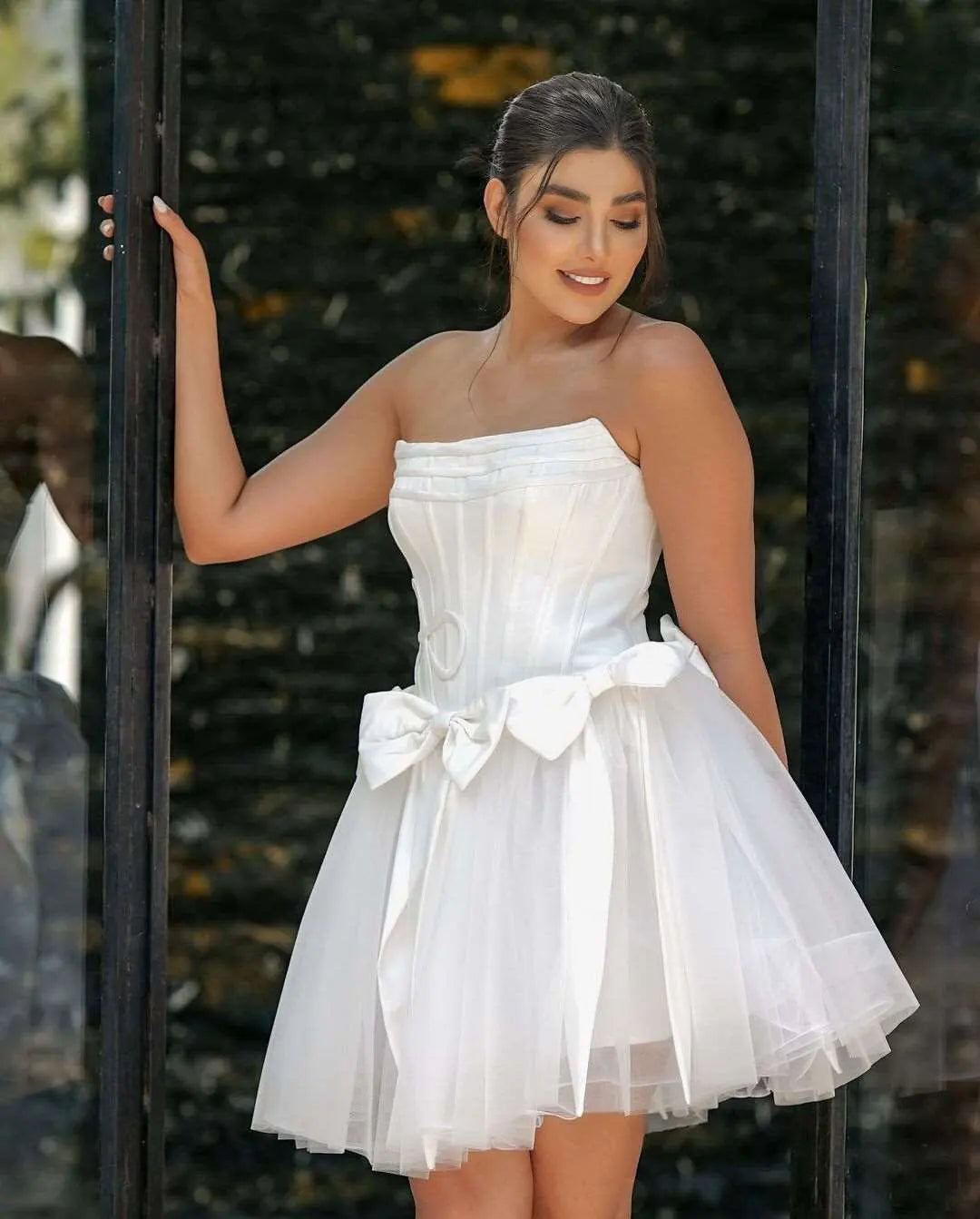 Princess Short Wedding Party Dresses Bow Front Corset Strapless Fitted Slim Tutu Ball Gown Bride Prom Gowns Dance Girls