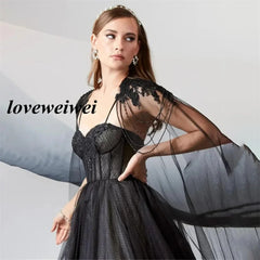 Black Simple Elegant Evening Dresses Shawl Beading Tulle A line Prom Dress Floor Length Women Graduation Party Gowns