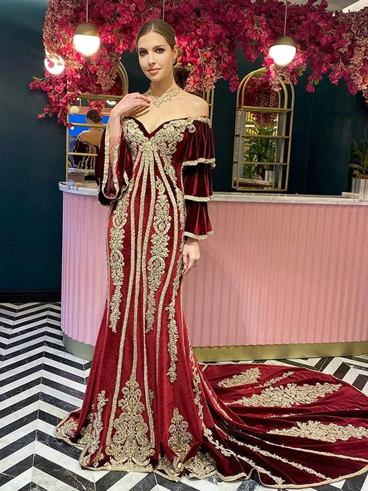 Classic Burgundy Mermaid Flare Sleeve Caftan Evening Party Dress Gold Lace  Velvet Prom Gowns Traditional Women Dresses