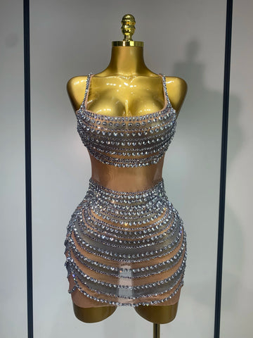 Sparkly Rhinestones Sleeveless Mini Dress Evening Birthday Celebrate Evening Party Dress Nightclub Stage  Performance Costume