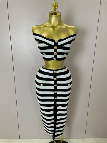 Sexy Off Shoulder Striped Button Two Piece Mini Bandage Set  Women Celebrity Designer Evening Party Luxury Birthday Outfit