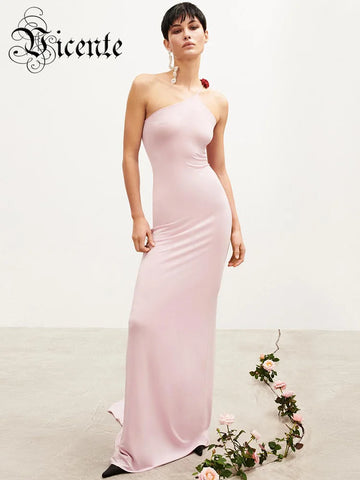 VC Women'S Pink Dress Elegant And Pretty Maxi Gown 3D Flower Design Diagonal Collar Sleeveless Formal Party Vestidos