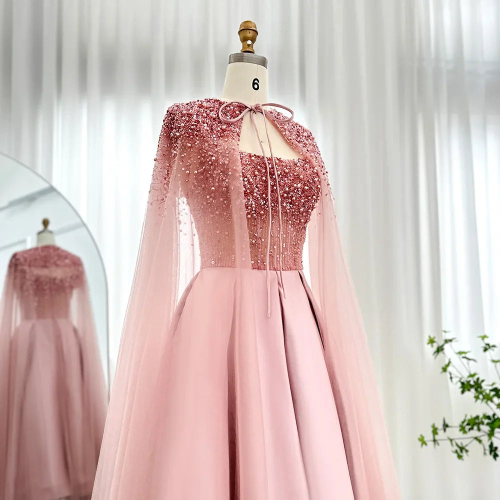 Vestido de noche árabe de lujo de color rosa de Dubái con capa turquesa hasta los tobillos, vestido midi corto para mujer para fiesta de boda 