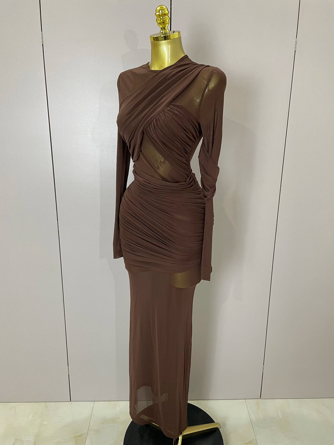 2025 Women Elegant Brown Mesh Fold Long Sleeve Bodycon Dress Evening Party Club Sexy Perspective Fashion Luxury Birthday Dresses