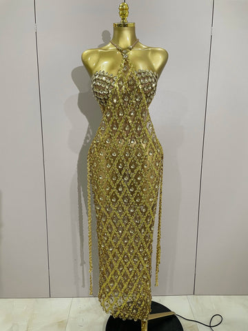 Stock Sexy Sparkly Gold Rhinestones Sleeveless Mesh Two Piece Long Dress 2025 Women Birthday Party Celebrate Prom Stage Costume