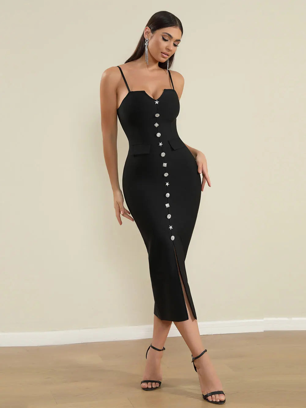 2025 Sexy Women'S Bandage Dress Spaghetti Strap Sleeveless Rhinestone Button Design Bodycon Backless Split Midi Dresses Vestidos