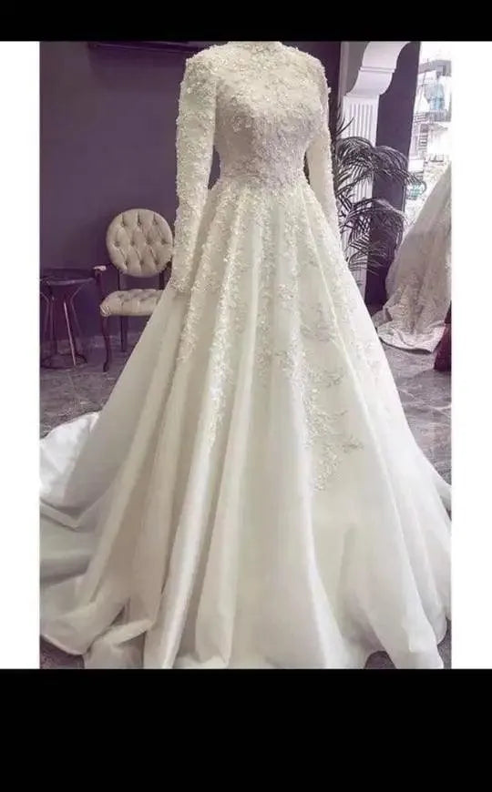 Muslim Robe De Mariée Wedding Dresses for Women A-Line Chiffon High Neck Lace Flowers Dubai Arabic Bridal Gowns with Hijab Ivory