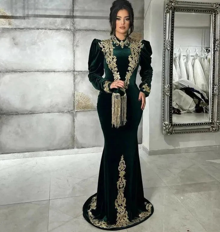 Modest Velour Lace Moroccan caftan Evening Dresses Long Sleeves High Neck  Velvet Prom Dresses Women Party Gowns