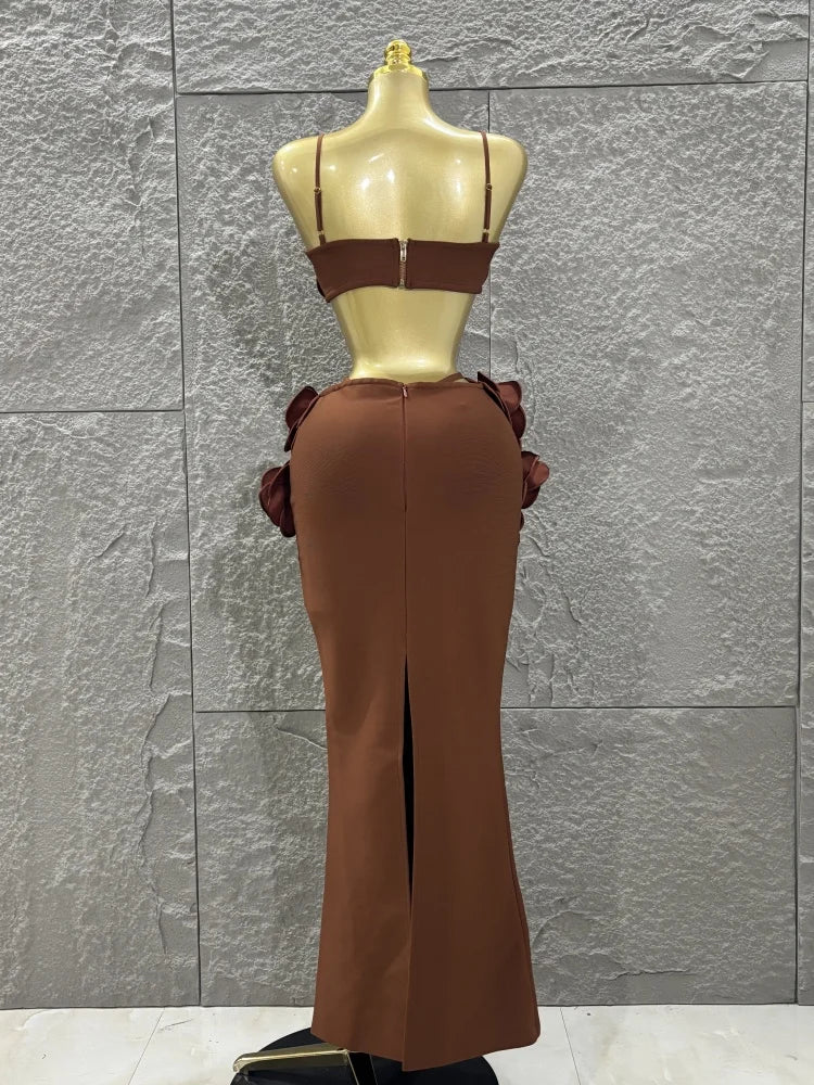 Women Sexy Strap Florlas 2 Pieces Bodycon Long Bandage Dress Nightclub Party Bar Singer Celebrate Birthday Outfit