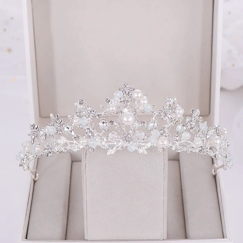 Silver Color Crystal Pearl Tiaras And Crowns Headband Rhinestone Hairband Bride Hair Accessories Women Wedding Hair Jewelry