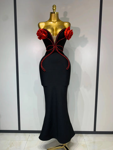 Sexy Strapless Flower Appliques Sexy Diamond Bodycon Bandage Mermaid Dress Celebrity Evening Runway Party Club Birthday Dress