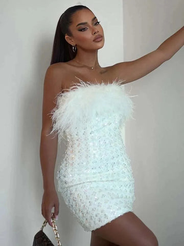 2024 New Summer White Color Women Sexy Sttrapless Bodycon Mini Dress Feathers Rhinestones Celebrate Birthday Girls' Cute Dress
