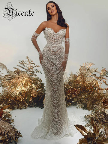 VC Women'S Evening Dress Luxury Pearl Chain Eelgant Mermaid Maxi Long Gown With Gloves Celebrity Party Vestidos