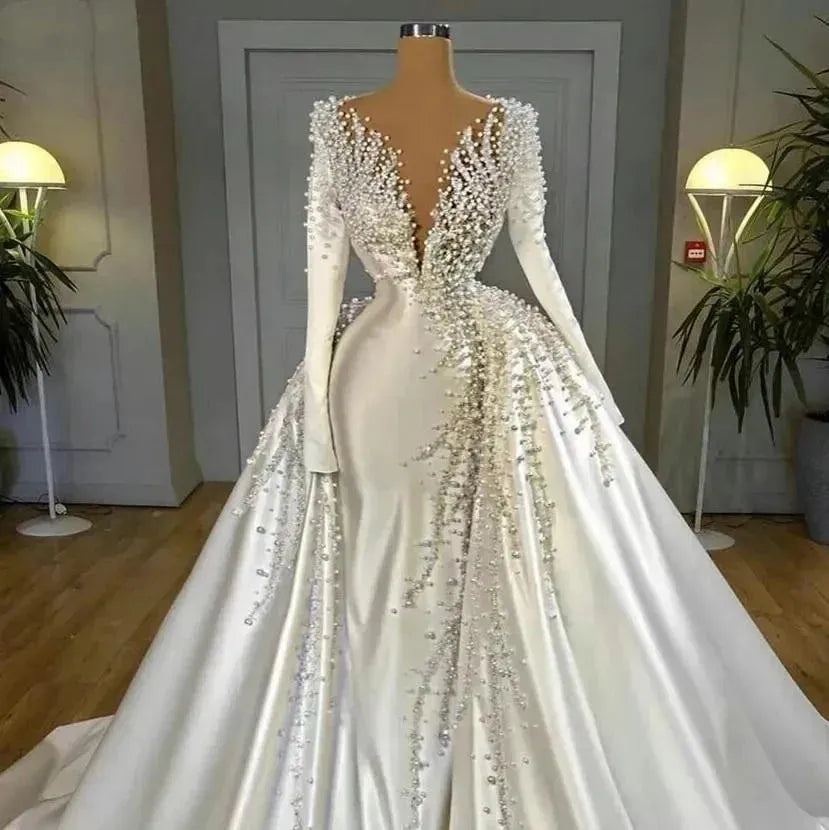 Gorgeous Pearls Mermaid Wedding Dresses With Detachable Train Long Sleeves V Neck Formal Bridal Gowns Ivory Satin Church Beige Satin